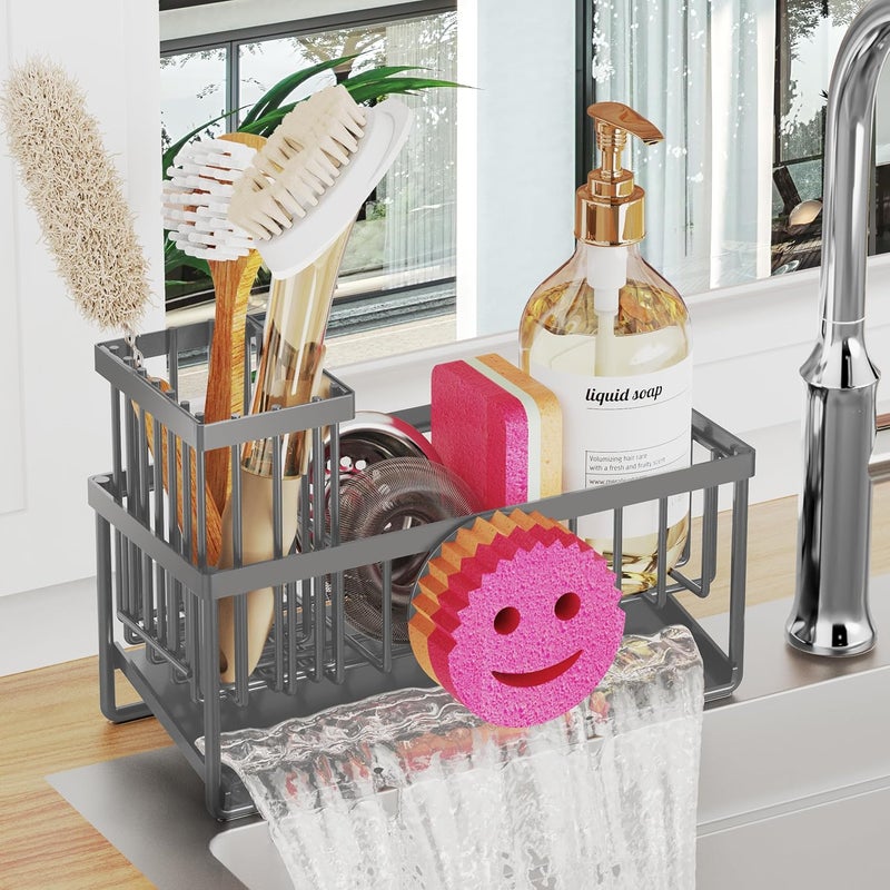 Taugast Sponge Holder for Kitchen Sink,Smiley Face Sink Caddy with Removable Brush Holder,Self-Draining Sponge Caddy for Soap,Dish Brush,Scrubber,Kitchen Essentials and Gadgets-Charcoal Gray - Image 1